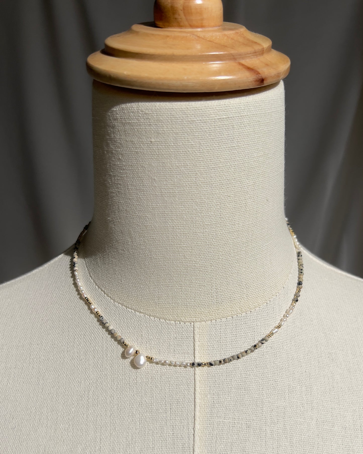14KGF〈Earthing beads necklace〉Dalmatian jasper×Pearl
