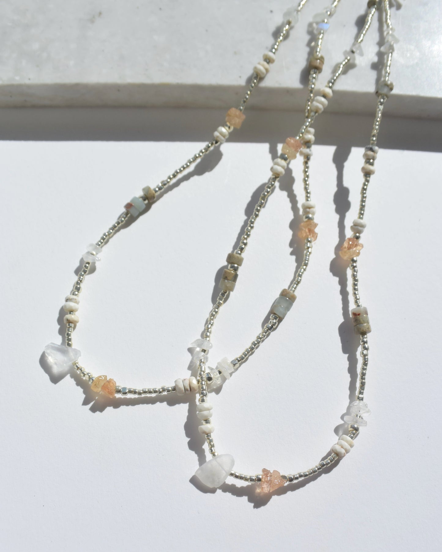 Silver〈Earthing beads necklace〉Moonstone×Topaz×Impression stone