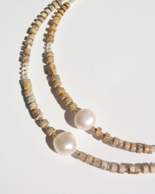 14KGF〈Earthing beads Necklace〉Picture Jasper × Fresh water pearl