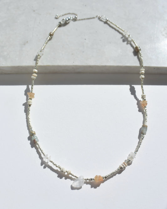 Silver〈Earthing beads necklace〉Moonstone×Topaz×Impression stone