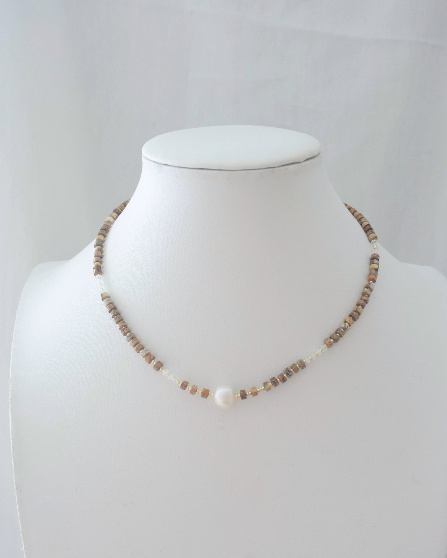 14KGF〈Earthing beads Necklace〉Picture Jasper × Fresh water pearl