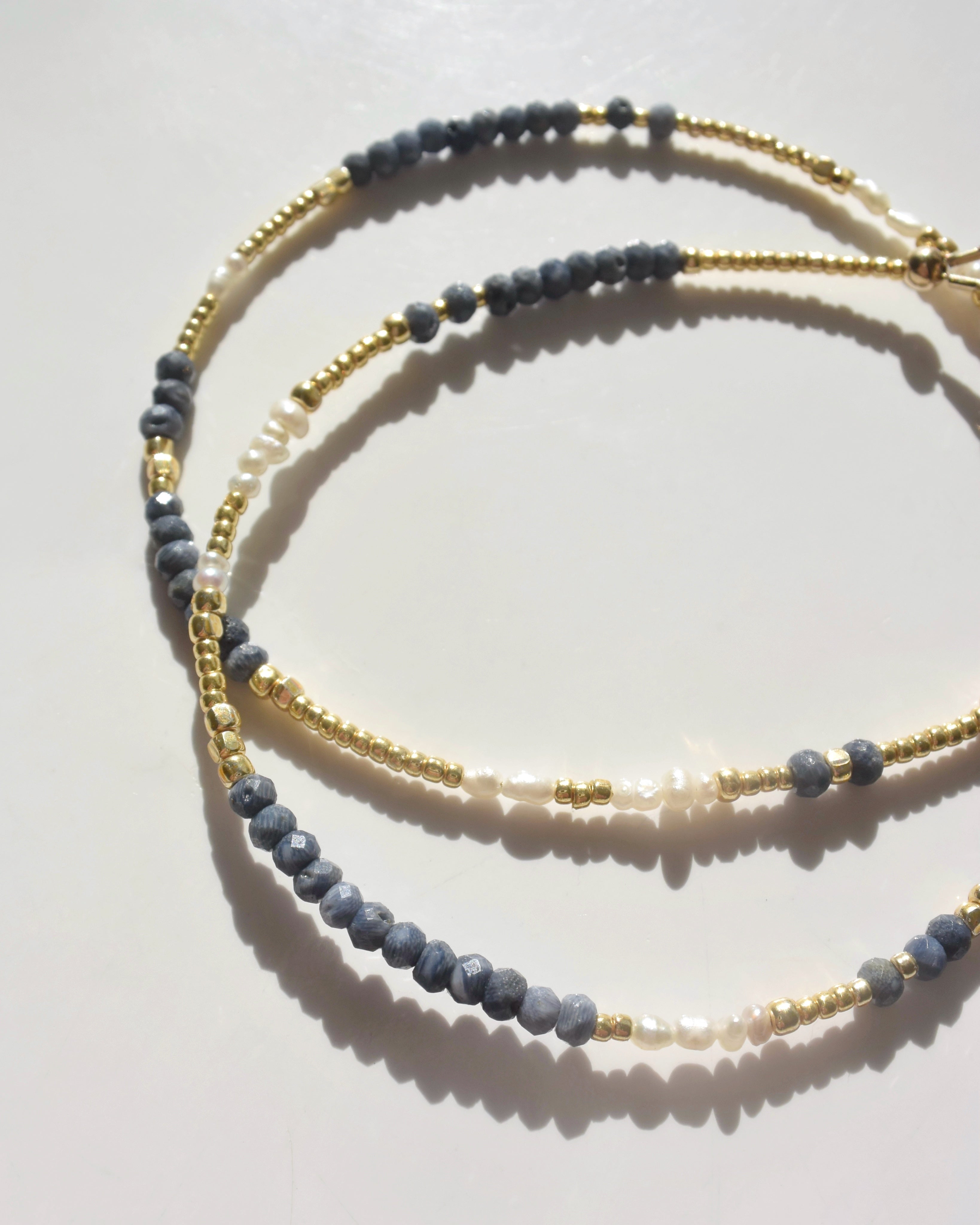 14KGF〈Earthing beads necklace〉Blue coral×Fresh water pearl – marino