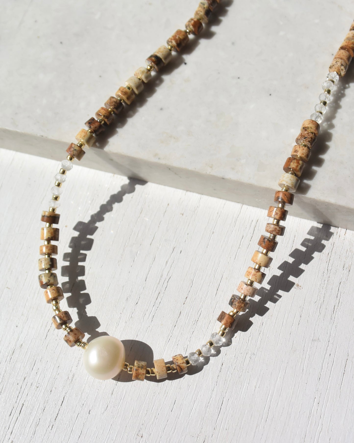 14KGF〈Earthing beads Necklace〉Picture Jasper × Fresh water pearl