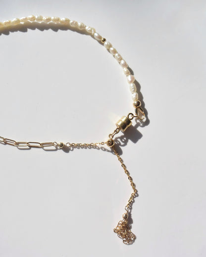 14KGF〈Half chain necklace〉-Pearl×Herkimer diamond-