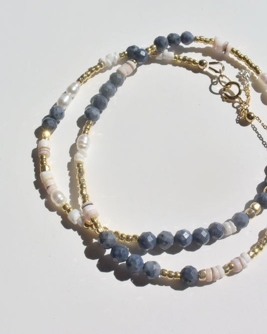 14KGF〈Earthing beads Necklace〉 Coral×White moonstone