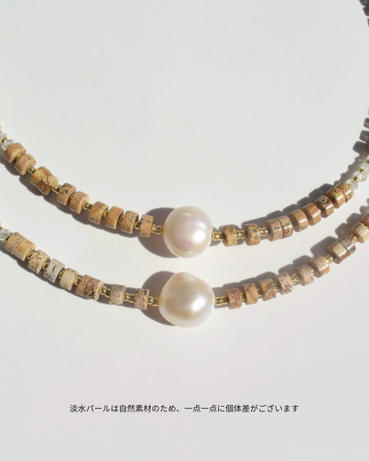 14KGF〈Earthing beads Necklace〉Picture Jasper × Fresh water pearl