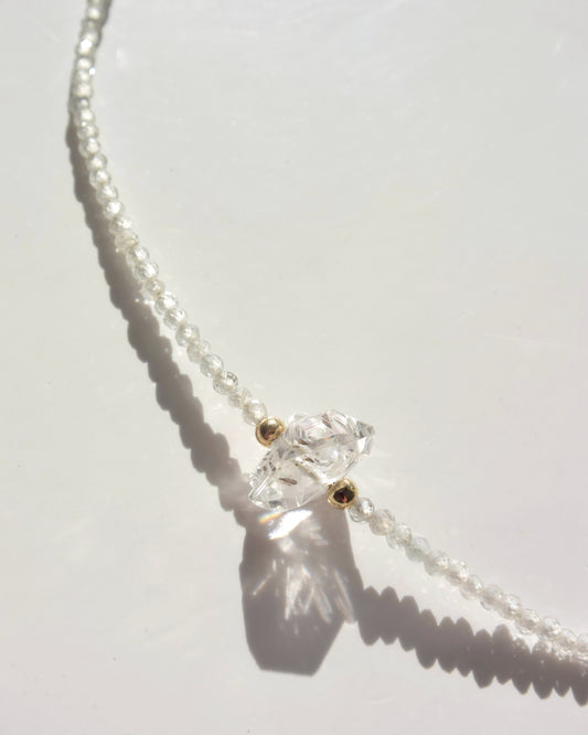 14KGF〈Earthing beads necklace〉Zircon&Herkimer diamond