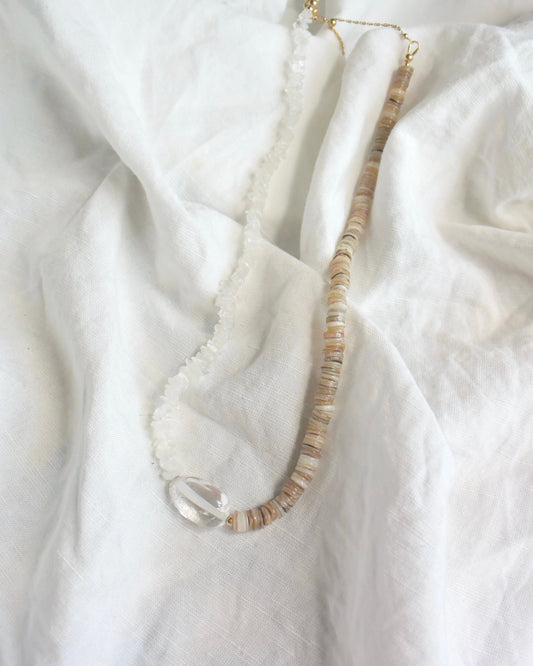 14KGF〈Earthing beads Necklace〉Crystal quartz×Shell
