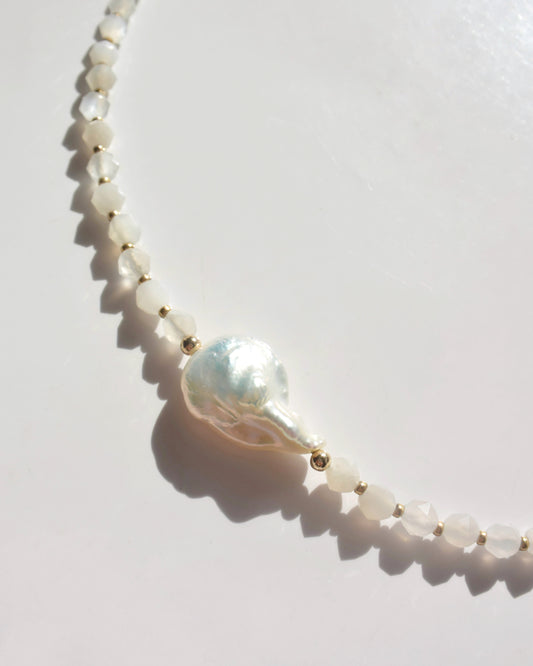 14KGF〈Earthing beads necklace〉Moonstone×Fresh water pearl