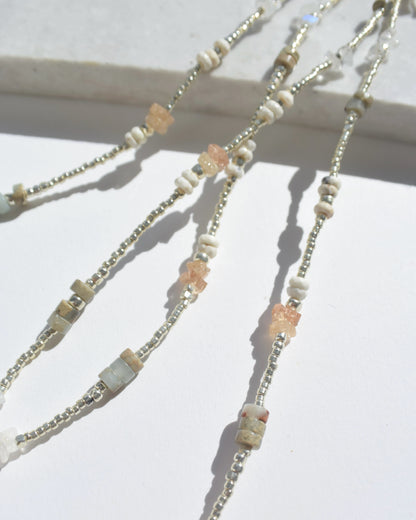 Silver〈Earthing beads necklace〉Moonstone×Topaz×Impression stone