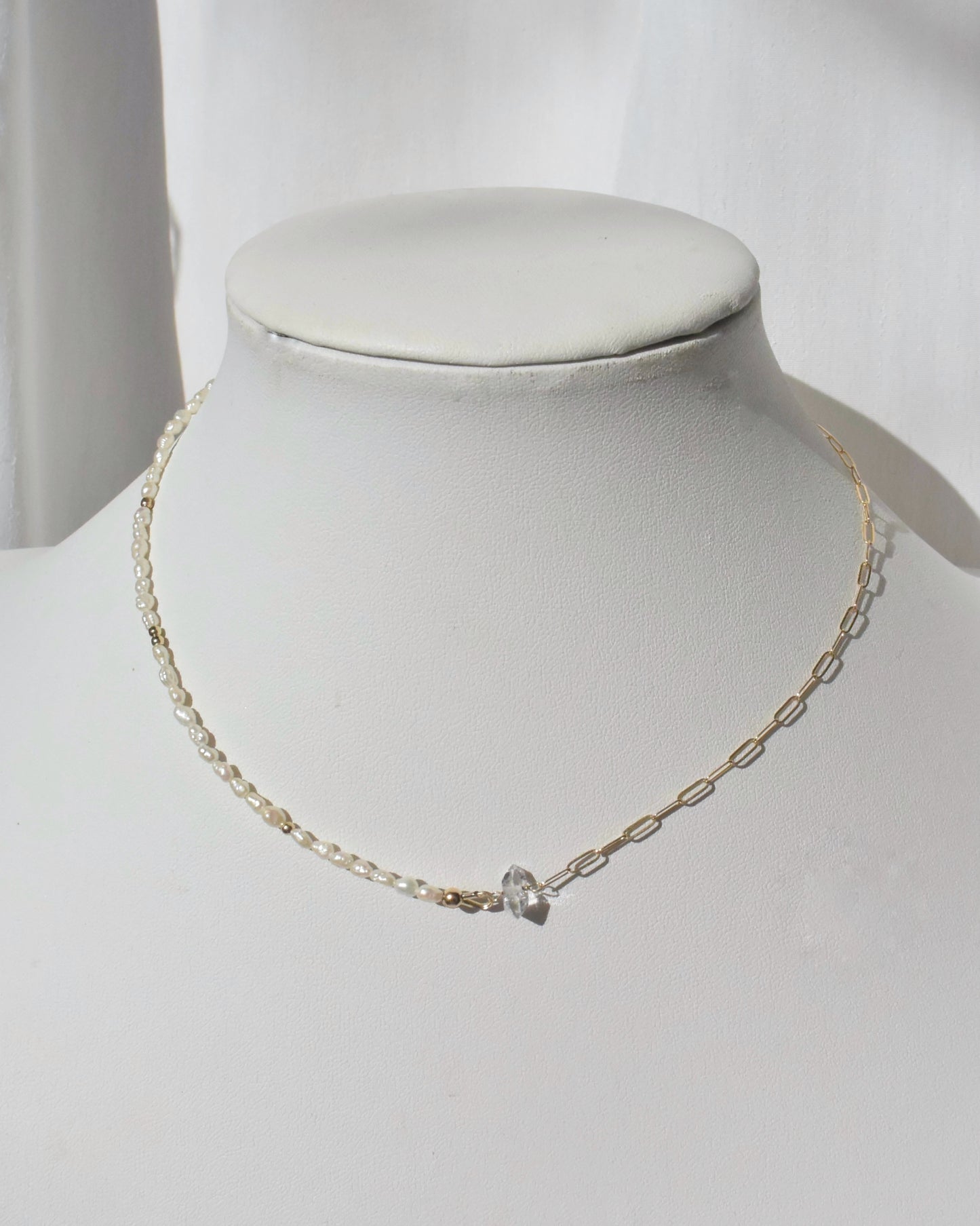 14KGF〈Half chain necklace〉-Pearl×Herkimer diamond-