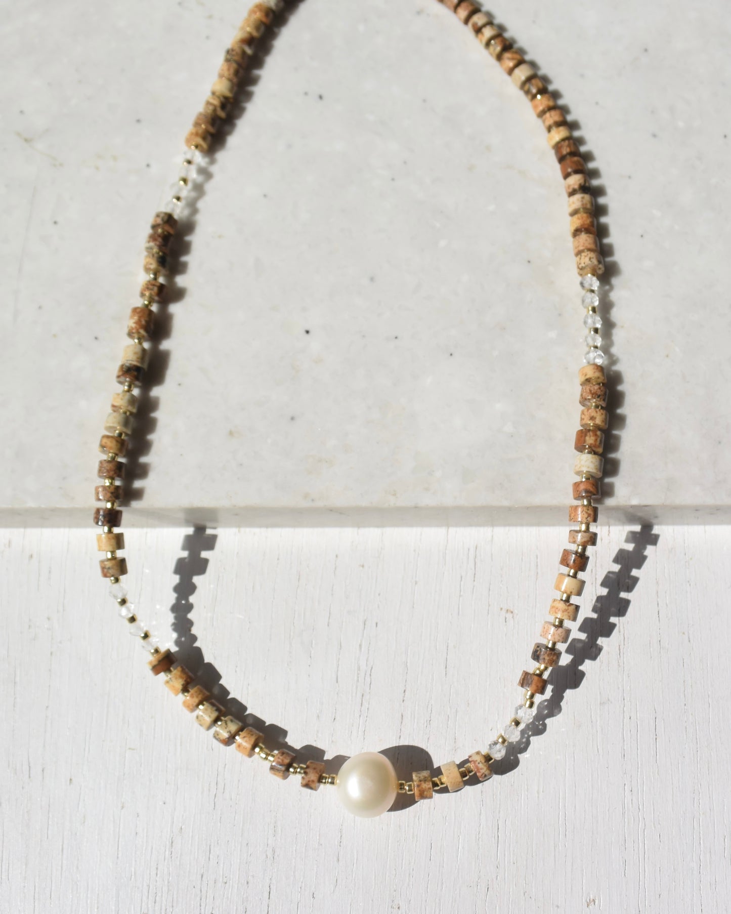 14KGF〈Earthing beads Necklace〉Picture Jasper × Fresh water pearl