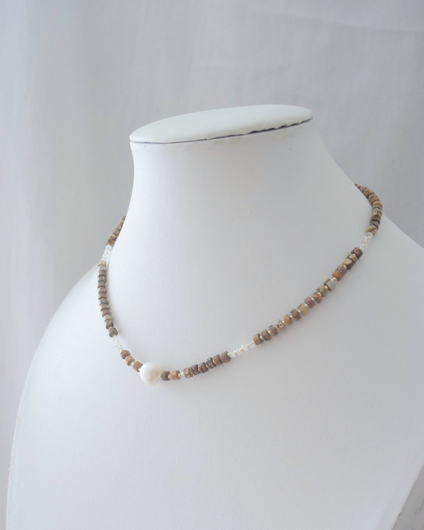 14KGF〈Earthing beads Necklace〉Picture Jasper × Fresh water pearl