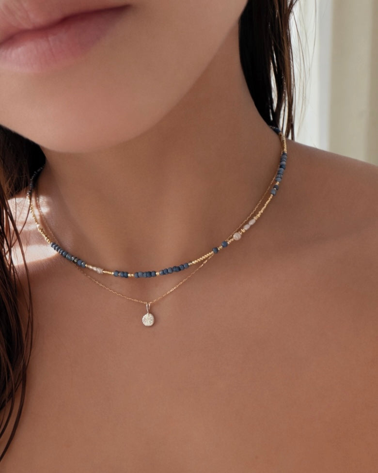 14KGF〈Earthing beads necklace〉Blue coral×Fresh water pearl – marino