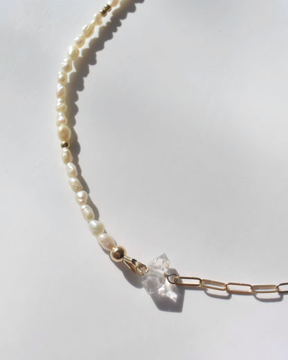 14KGF〈Half chain necklace〉-Pearl×Herkimer diamond-