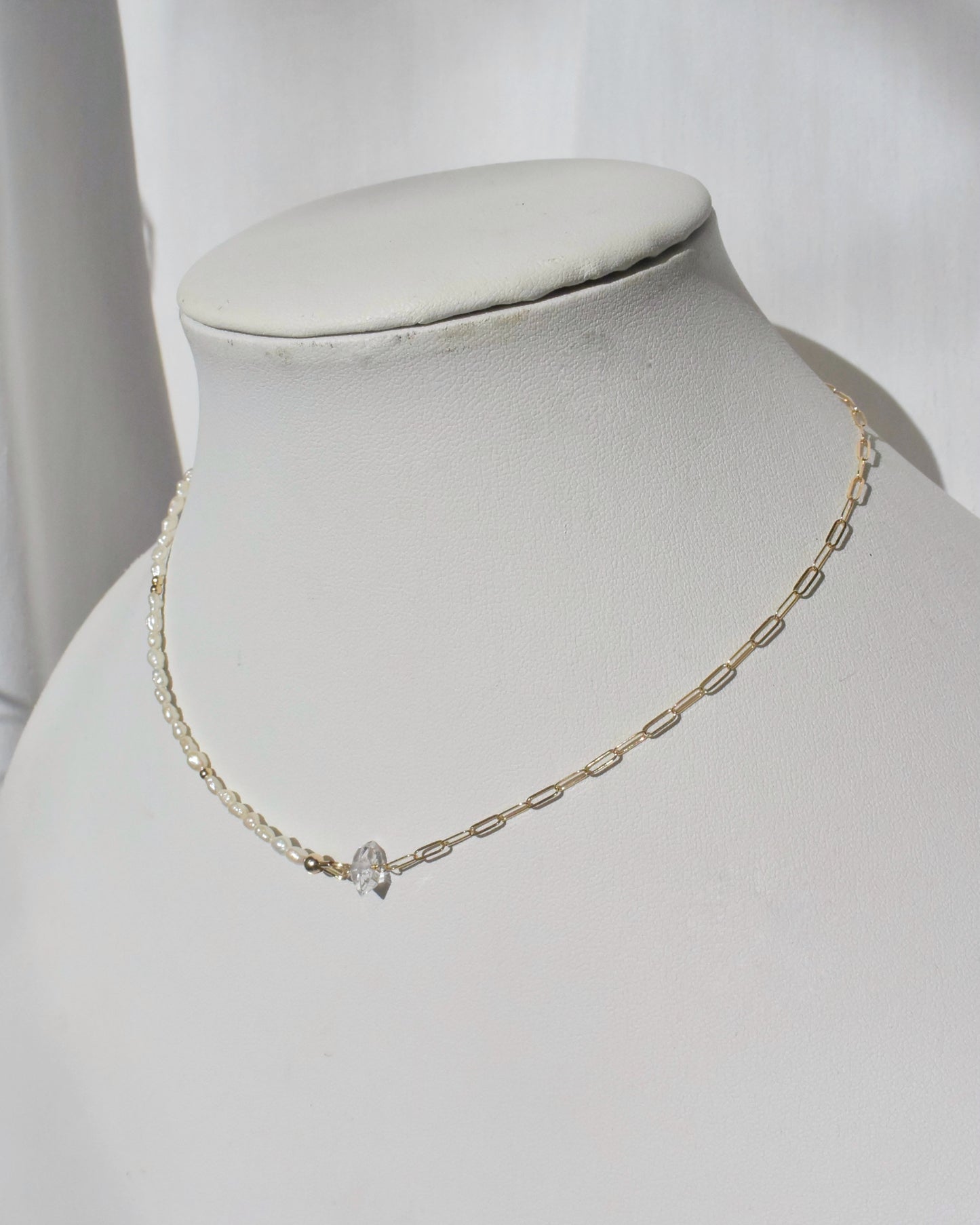 14KGF〈Half chain necklace〉-Pearl×Herkimer diamond-