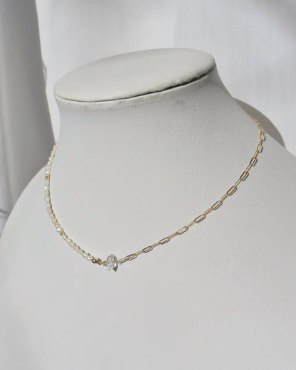 14KGF〈Half chain necklace〉-Pearl×Herkimer diamond-