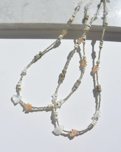 Silver〈Earthing beads necklace〉Moonstone×Topaz×Impression stone