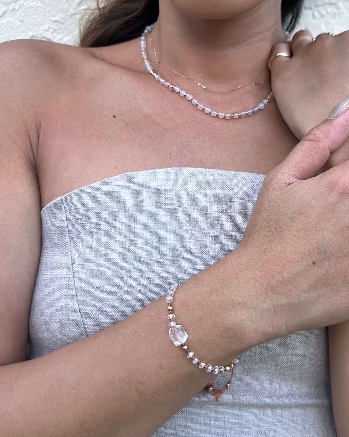 14KGF〈Silk cord bracelet〉Crystal quartz/Moss